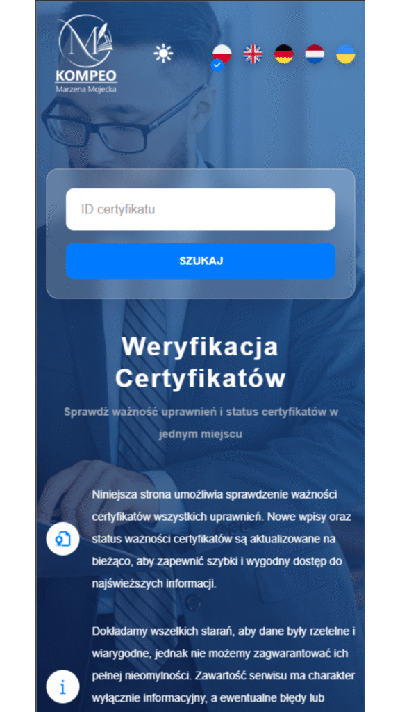 mockup telefonu komórkowego na którym widnieje screen strony internetowej do sprawdzania certyfikatów szkoleniowych