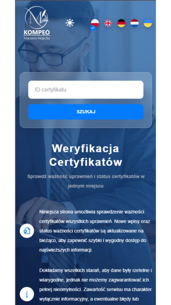 mockup telefonu komórkowego na którym widnieje screen strony internetowej do sprawdzania certyfikatów szkoleniowych